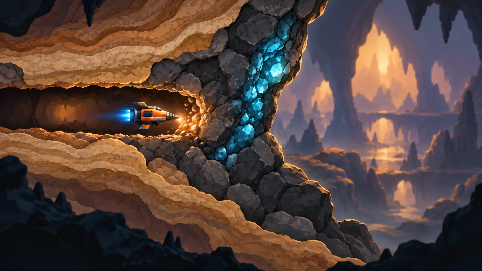 Mining craft drilling toward a blue crystal seam above a deep alien cavern